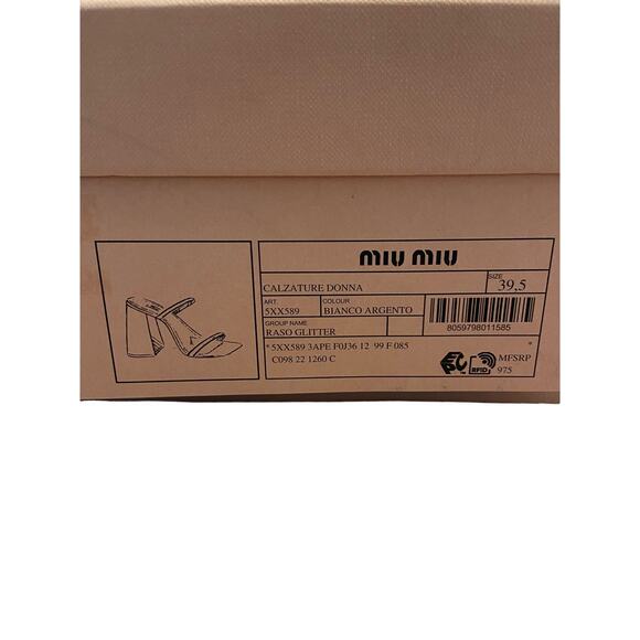 Miu Miu Forma Raso Glitter Block Heels Sandals Square Toe Bianco Argento Sz 39.5 - Picture 13 of 13